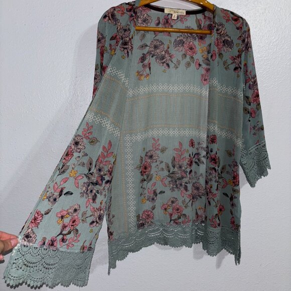 Rewind Floral Kimono Cardigan Small Sage Green Crochet Lace Boho Semi-Sheer - Picture 4 of 11